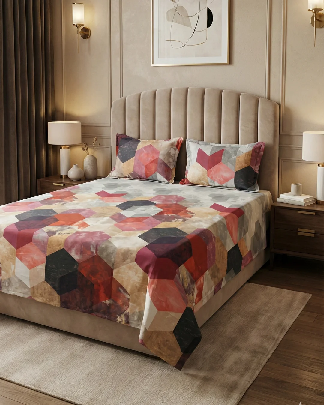 digital-print-bedsheet-cotton-coral-hexagon