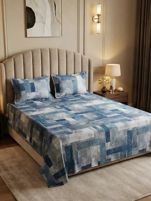 Digital print bedsheet in Denim Blocks pattern - 100% cotton digital bedsheet set with pillow covers featuring abstract geometric rectangles in navy denim blue and grey