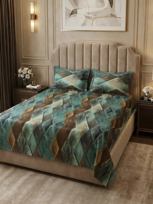 Digital print bedsheet in Teal Chevron pattern - 100% cotton digital bedsheet set with pillow covers featuring geometric diamond zigzag in teal brown and copper tones