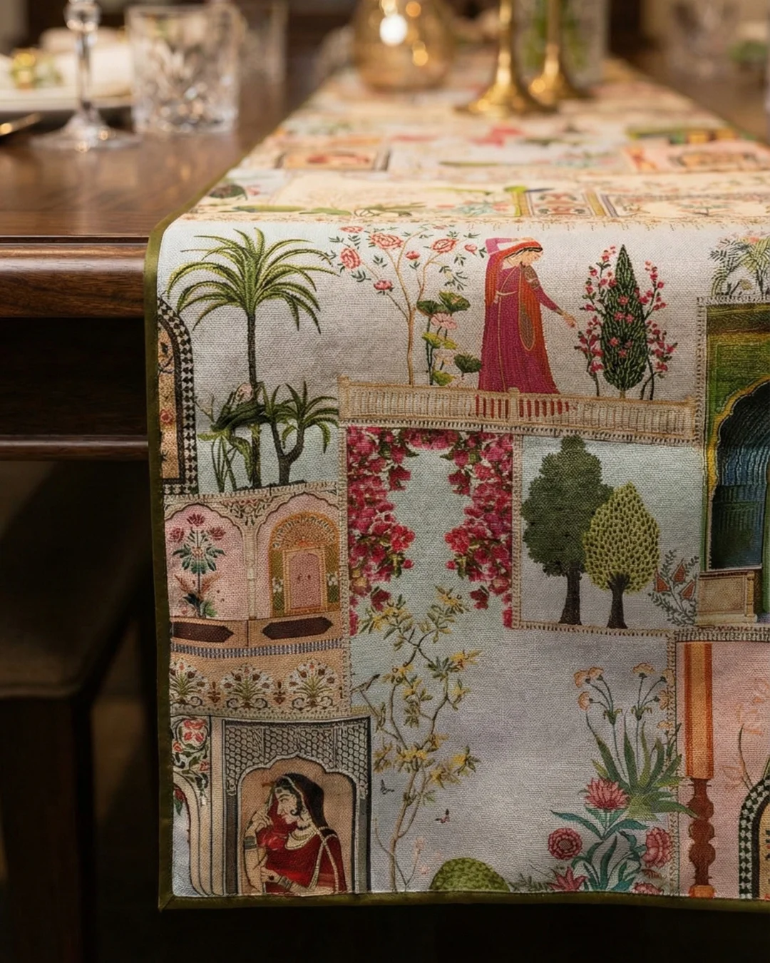 Mughal Courtyard Panel Digital Print Table Runner – Textured Silk, 13×72 Inch 2 Close up of Mughal courtyard table runner showing garden scenes arches and floral digital print on textured silk