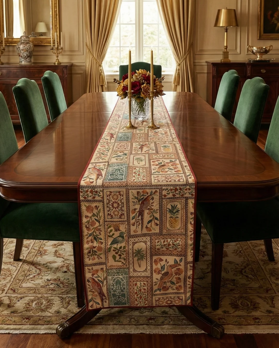 mughal-floral-bird-patch-panel-digital-print-table-runner