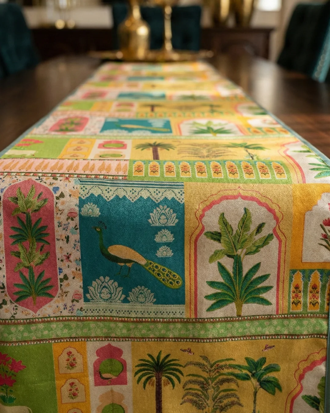 Mughal Garden Patch Digital Print Table Runner – Textured Silk, 13×72 Inch 2 Close up of Mughal garden patch table runner showing peacock palm tree and botanical digital print on textured silk
