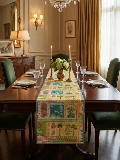 Mughal garden patch table runner placed on a wooden dining table with upholstered green chairs