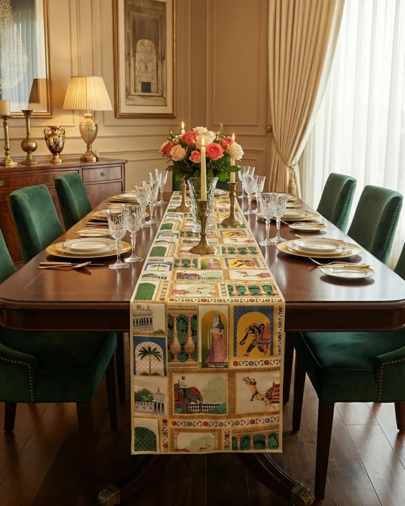 Mughal Heritage Panel Digital Print Table Runner – Textured Silk, 13×72 ...