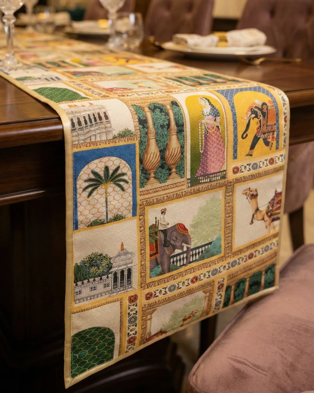 Mughal Heritage Panel Digital Print Table Runner – Textured Silk, 13×72 Inch 2 Close up of Mughal heritage table runner showing illustrated panels with palm trees architecture and animals on textured silk