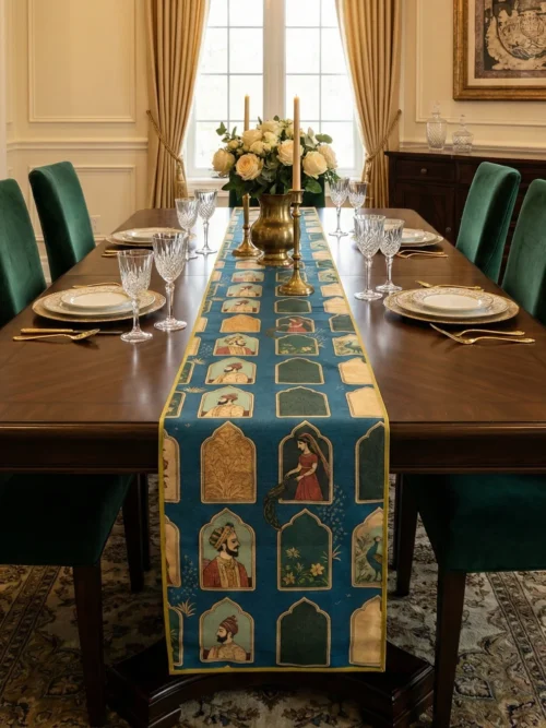 Mughal art table runner with jharokha print in teal and gold colour on a 6 seater dining table with green velvet chairs
