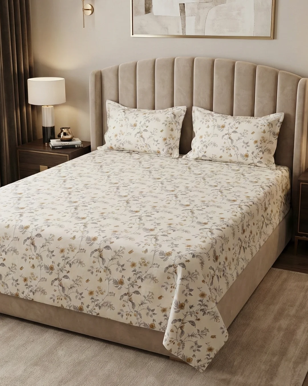 Autumn Vine Vintage Bedsheet | 100% Cotton 300 TC | 2 Pillow Covers 1 Autumn Vine vintage bedsheet on bed – 100% cotton 300 TC digital print bedsheet with pillow covers by Vardhman Mills