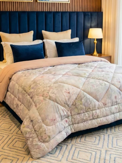 Beige vintage floral heavy winter quilt on king size bed – Ultra soft microfiber 450 GSM microfiber rajai by Vardhman Mills