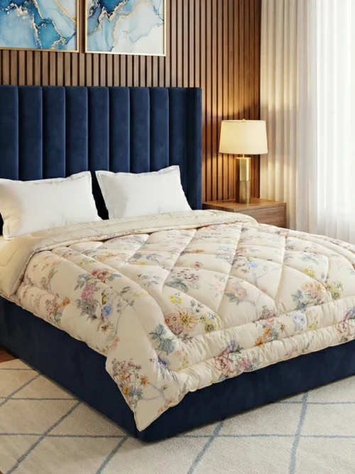 Cream botanical garden heavy quilt for winter on king size bed – Ultra soft microfiber 450 GSM microfiber rajai by Vardhman Mills