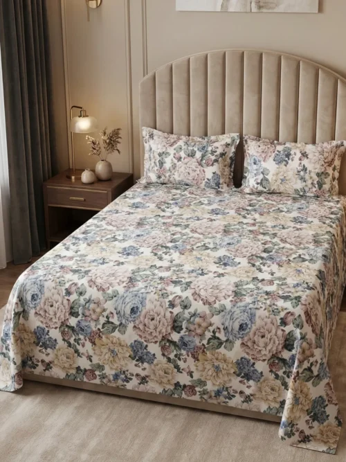 Grand Peony best bedsheets in India on bed – 100% cotton 300 TC digital print bedsheet with pillow covers by Vardhman Mills