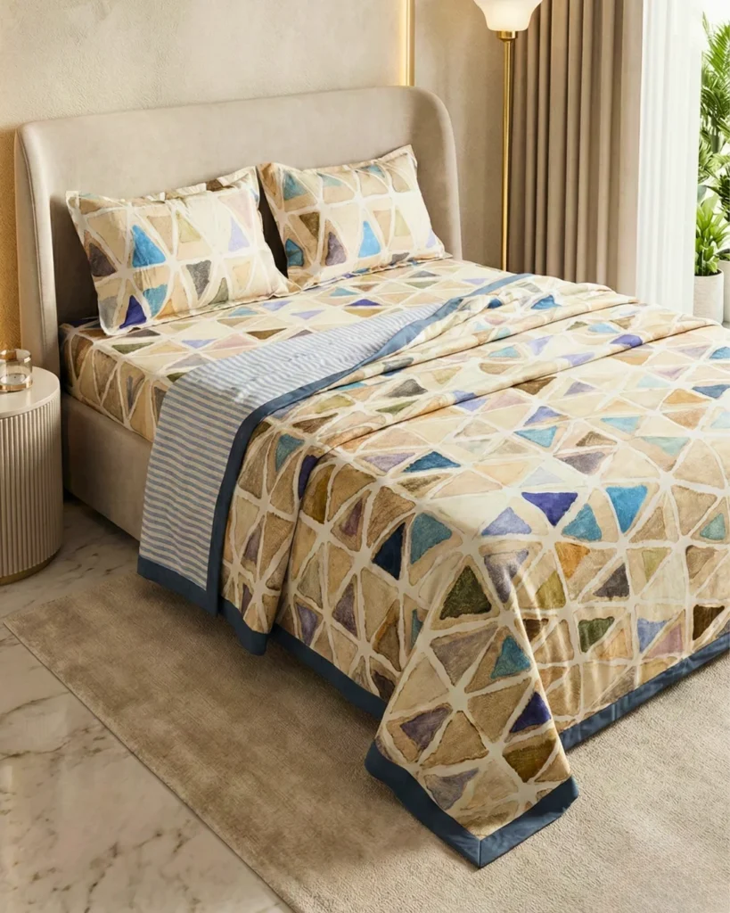 Ultimate Cotton Dohar Buying Guide 2026: How to Choose the Right One 5 Mosaic Triangle dohar single bed and double bed – 100% cotton 3-layer reversible dohar by Vardhman Mills