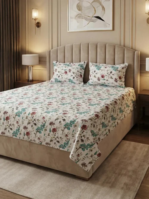 Wildflower Trail floral cotton bedsheet on bed – 100% cotton 300 TC digital print bedsheet with pillow covers by Vardhman Mills