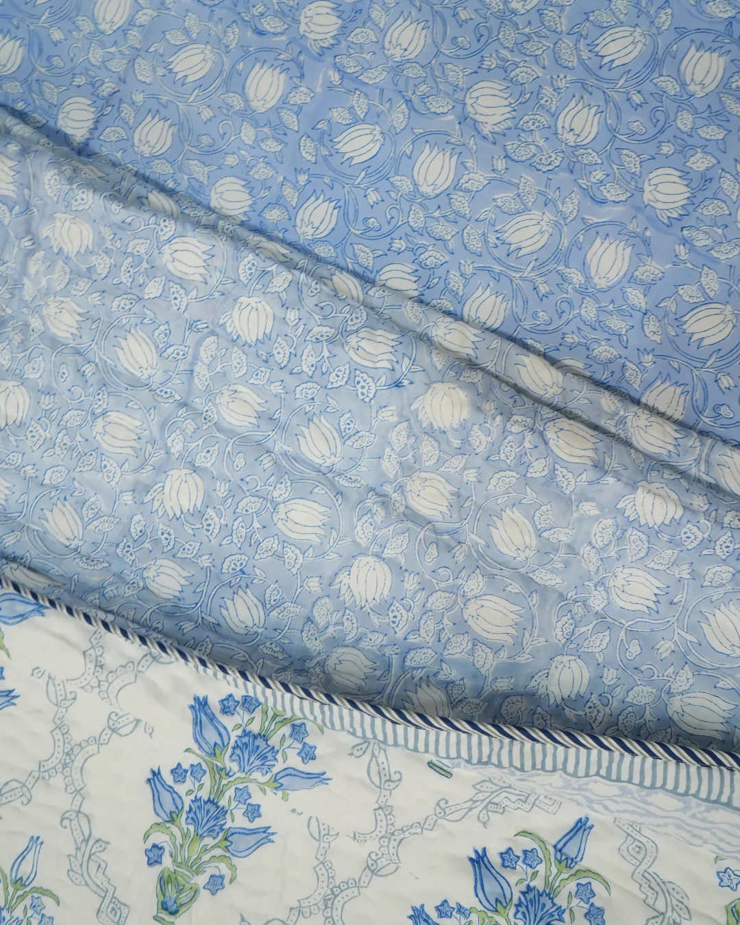 Blue Lotus Jaipuri Razai | Hand Block Print | Hand Stitched 100% Cotton | Double & Single Bed 2 Blue Lotus jaipuri razai fabric close-up – both side hand block print cotton by Vardhman Mills