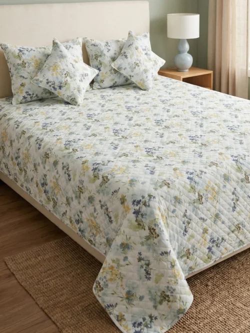 Daisy Field quilted cotton bed covers on bed – 100% cotton 300 TC with pillow and cushion covers by Vardhman Mills