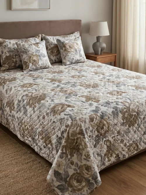Golden Rose luxury bed cover set on bed – quilted 100% cotton 300 TC with pillow and cushion covers by Vardhman Mills