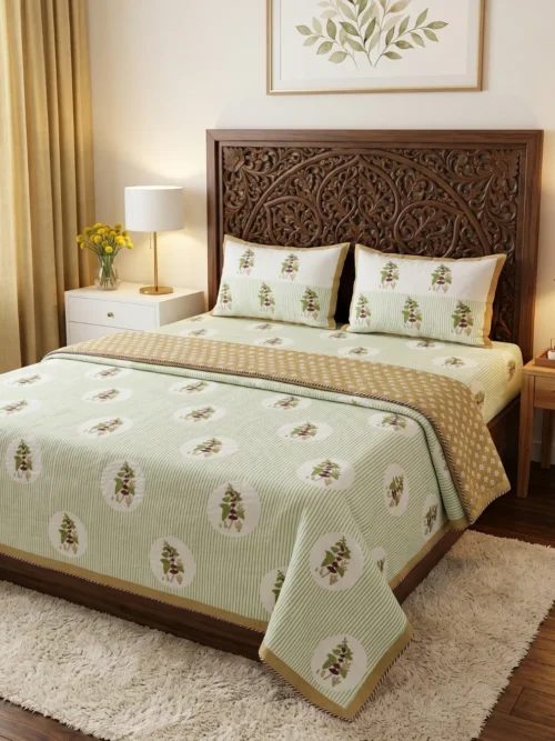 Green Stripe Booti jaipuri razai double bed - hand block print hand stitched 100% cotton razai by Vardhman Mills