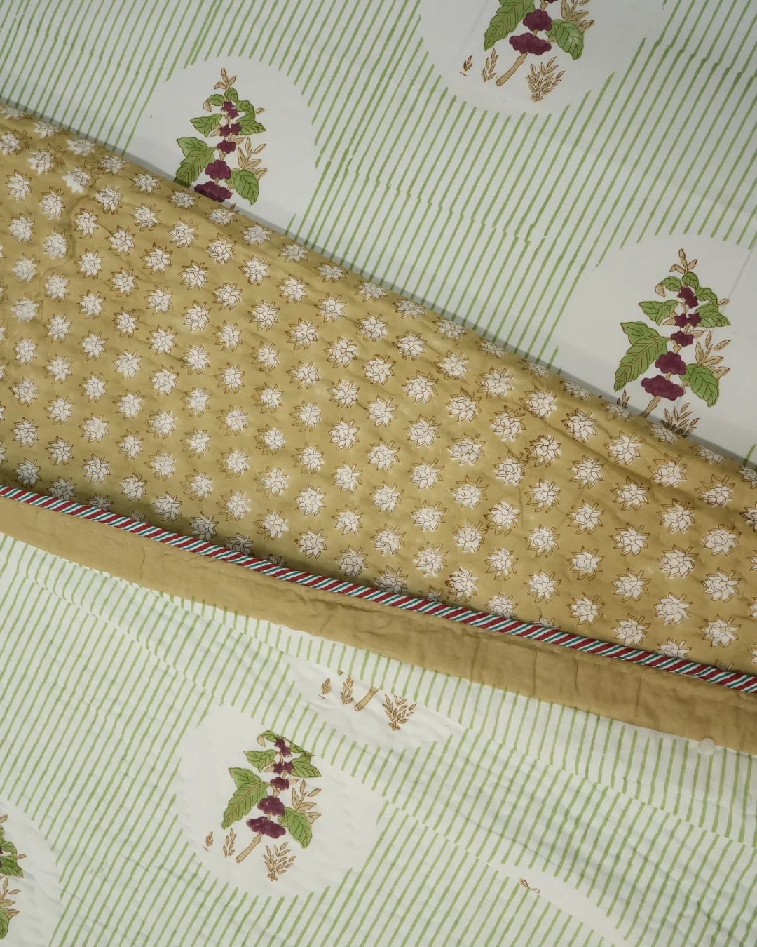 Green Stripe Booti Jaipuri Razai Double Bed | Hand Block Print | Hand Stitched 100% Cotton 3 Green Stripe Booti jaipuri razai fabric close-up - both side hand block print cotton by Vardhman Mills