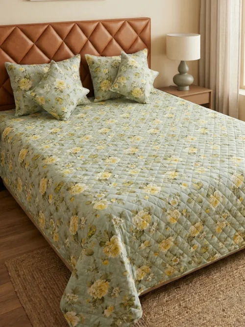 Lemon Rose pure cotton bed cover fabric close-up – quilted 100% cotton 300 TC yellow rose print by Vardhman Mills