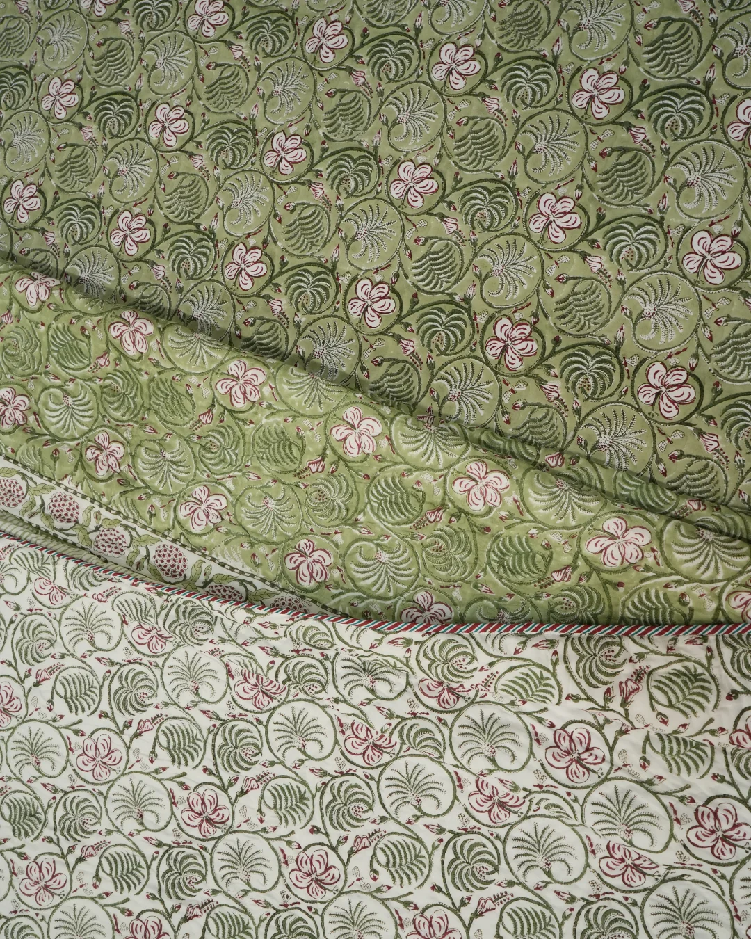 Lotus Vine Jaipuri Razai Online | Hand Block Print | Hand Stitched 100% Cotton 3 Lotus Vine jaipuri razai fabric close-up both sides - hand block print cotton by Vardhman Mills