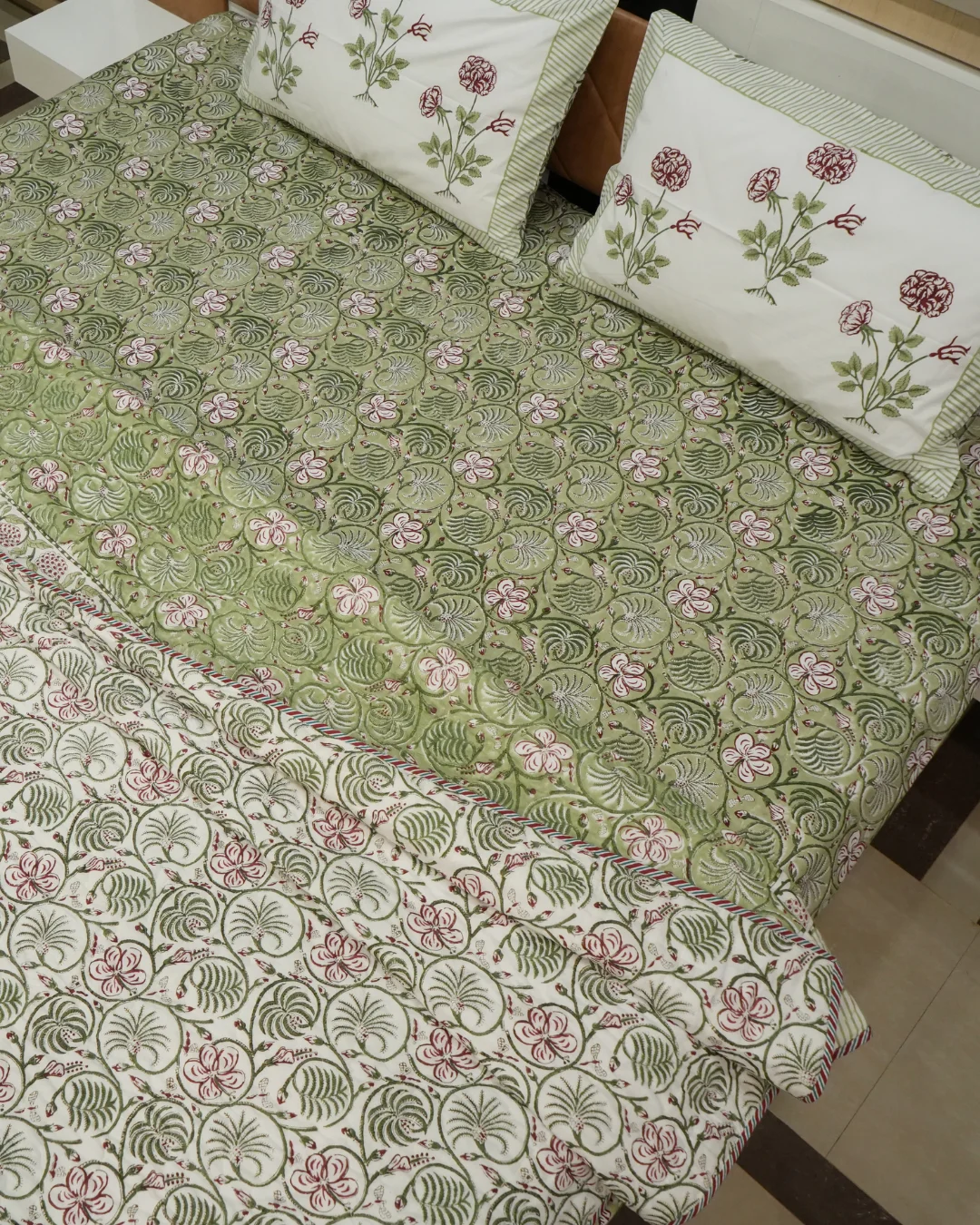 Lotus Vine Jaipuri Razai Online | Hand Block Print | Hand Stitched 100% Cotton 2 Lotus Vine jaipuri razai reversible showing olive green and cream sides - hand block print by Vardhman Mills