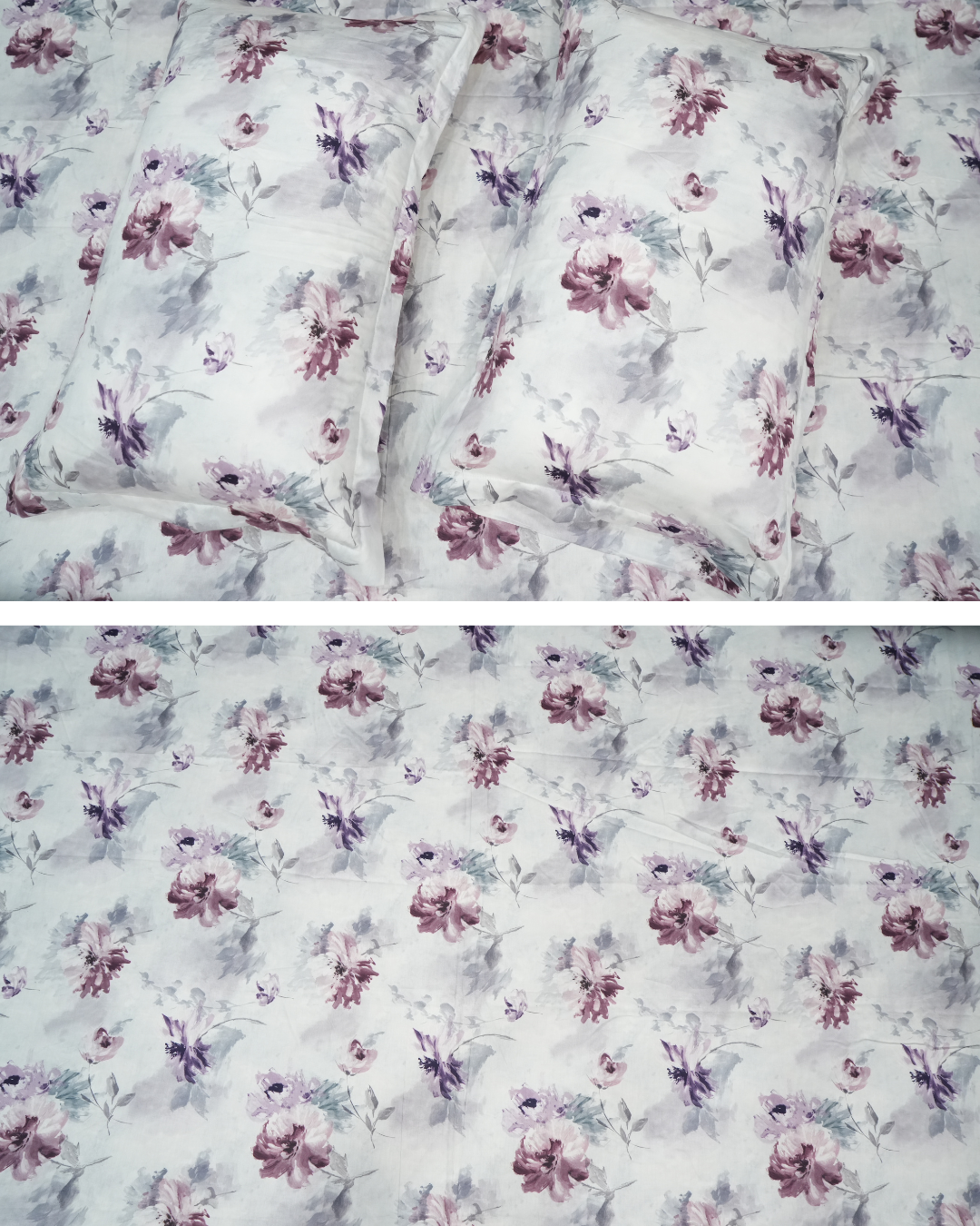 Mauve Bloom Lavender Bedsheet | 100% Cotton 300 TC | 2 Pillow Covers 2 Mauve Bloom lavender bedsheet fabric close-up – 100% cotton 300 TC by Vardhman Mills