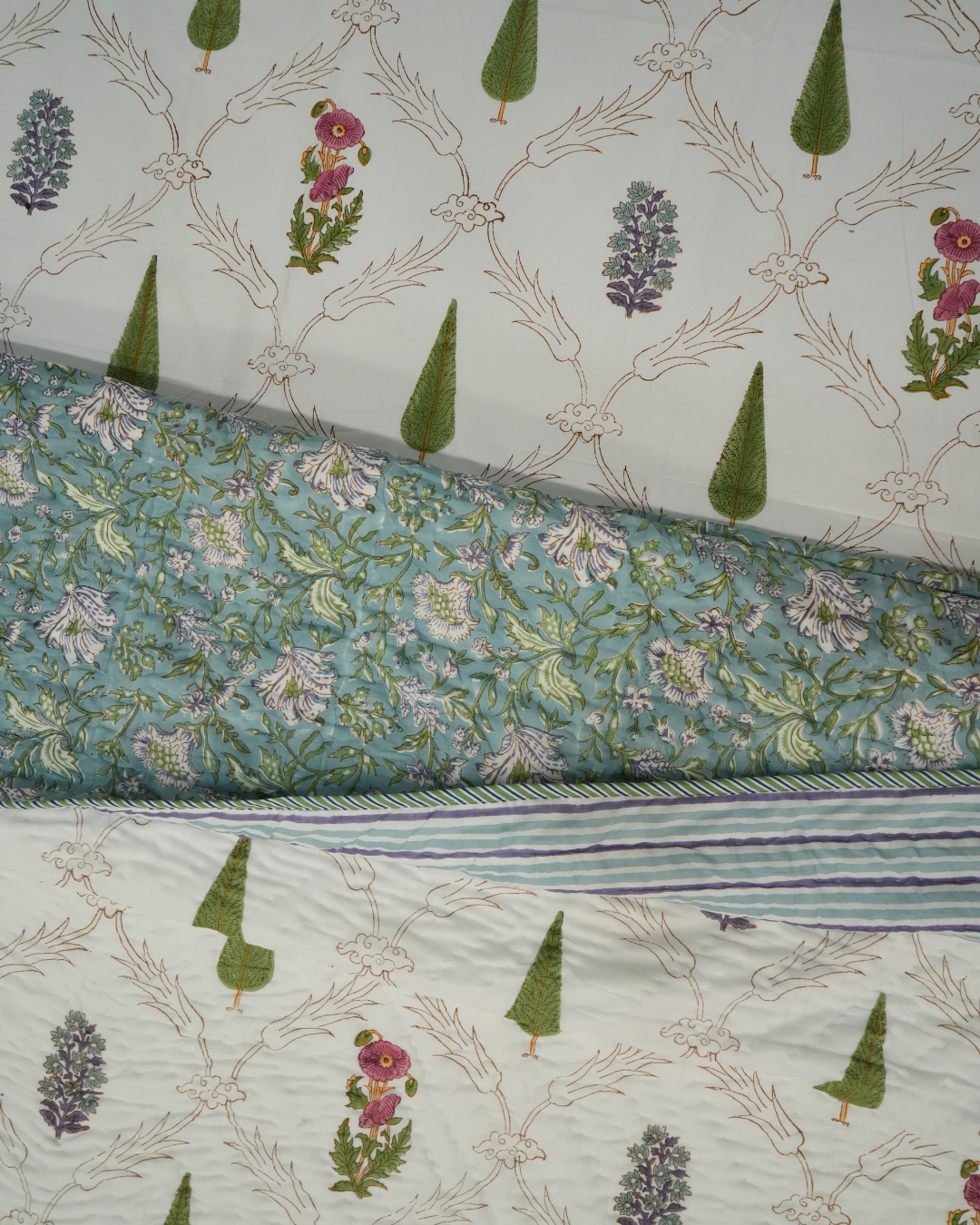 Mughal Garden Jaipuri Razai for Heavy Winter | Hand Block Print | Hand Stitched 100% Cotton 3 Mughal Garden jaipuri razai fabric close-up - both side hand block print cotton by Vardhman Mills