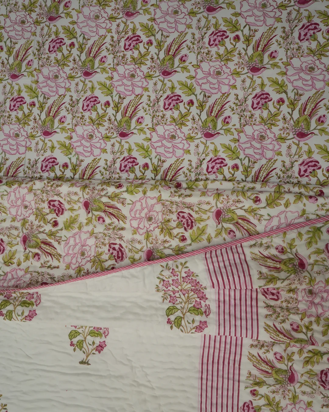 Pink Rose Garden Jaipuri Razai Price | Hand Block Print | Hand Stitched 100% Cotton 3 Pink Rose Garden jaipuri razai fabric close-up both sides - hand block print cotton by Vardhman Mills