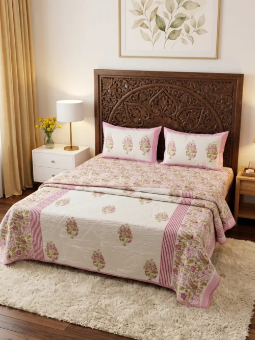 Pink Rose Garden jaipuri razai on double bed - hand block print hand stitched 100% cotton razai by Vardhman Mills