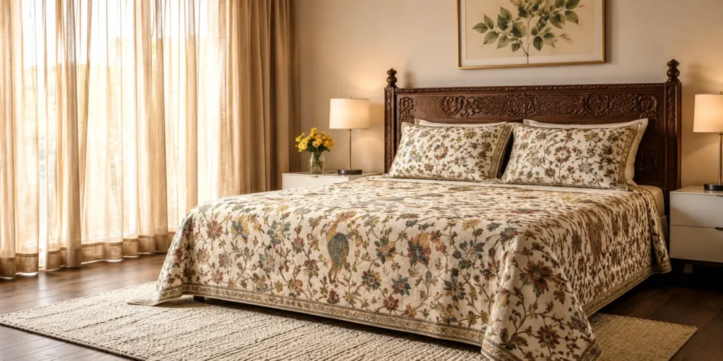 Best cotton bedsheets under 2000 in India, king size anokhi print bedsheet on a wooden bed