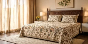 Best cotton bedsheets under 2000 in India, king size anokhi print bedsheet on a wooden bed