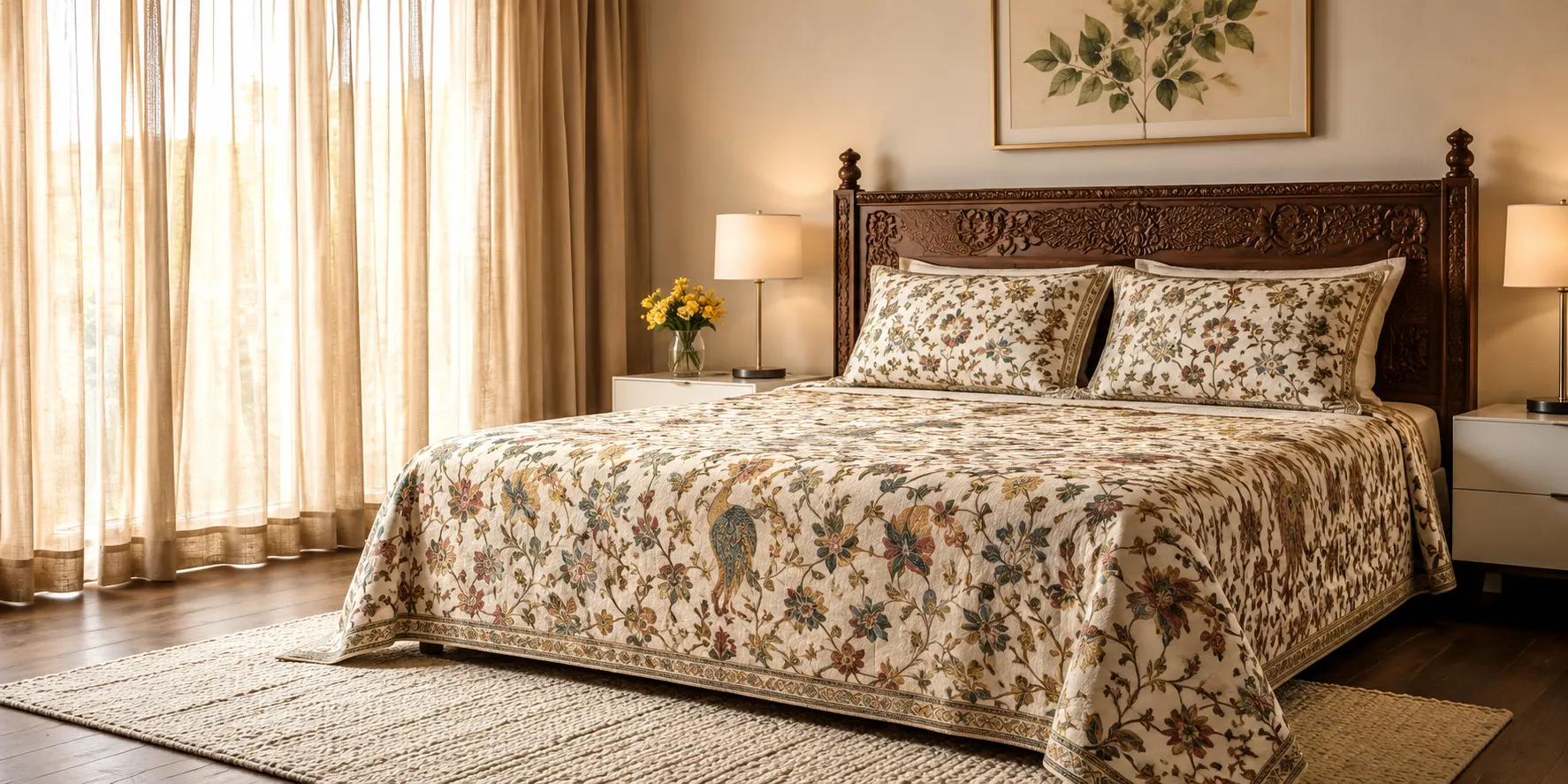 Best Cotton Bedsheets Under Rs 2000 in India (King Size Buying Guide 2026) 1 Best cotton bedsheets under 2000 in India, king size anokhi print bedsheet on a wooden bed