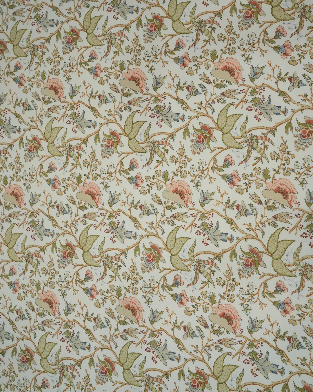 Amber Vine Floral Cotton Bedsheet King Size with 2 Lace Pillow Covers 2 Close-up of floral cotton bedsheet king size with peach flowers and olive vines on cream cotton