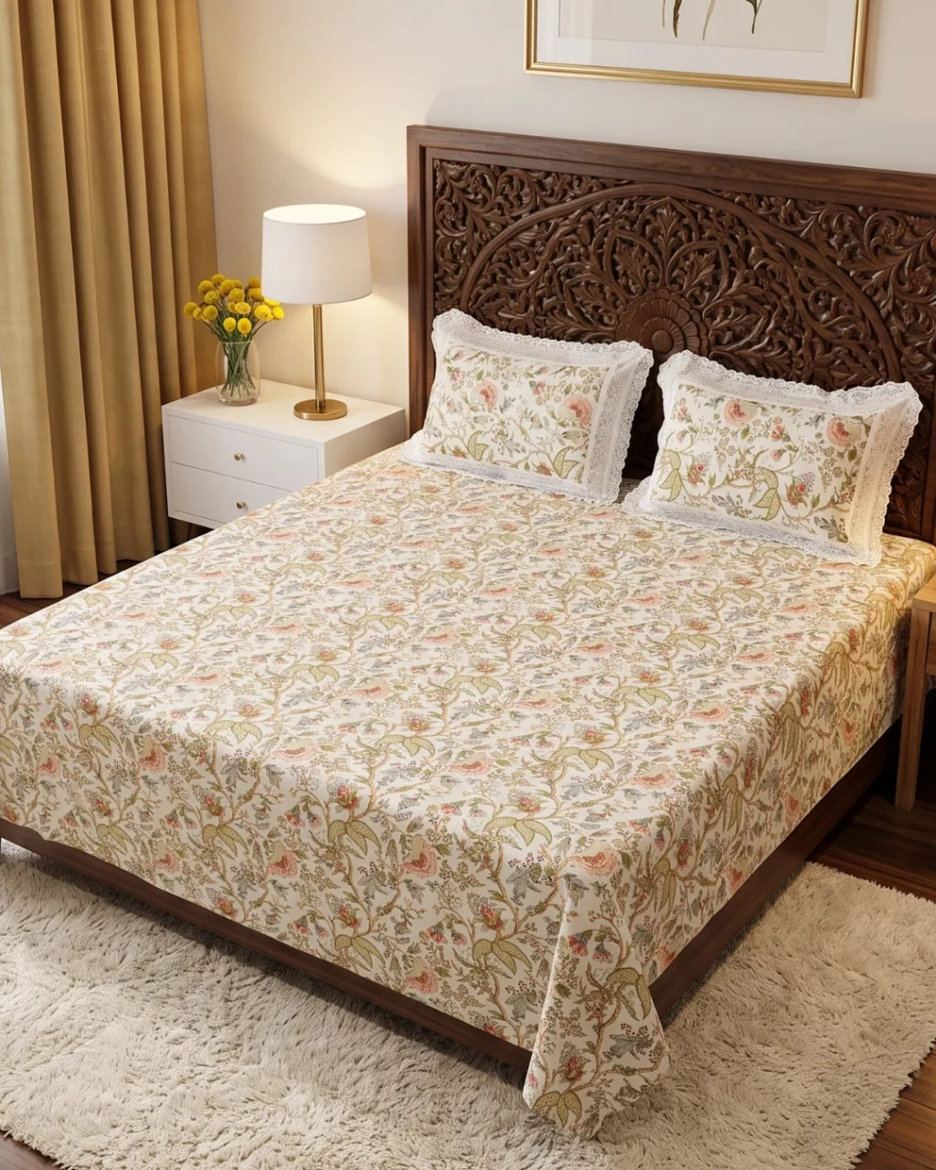 Amber Vine floral cotton bedsheet king size in cream with peach blooms on a carved wooden bed