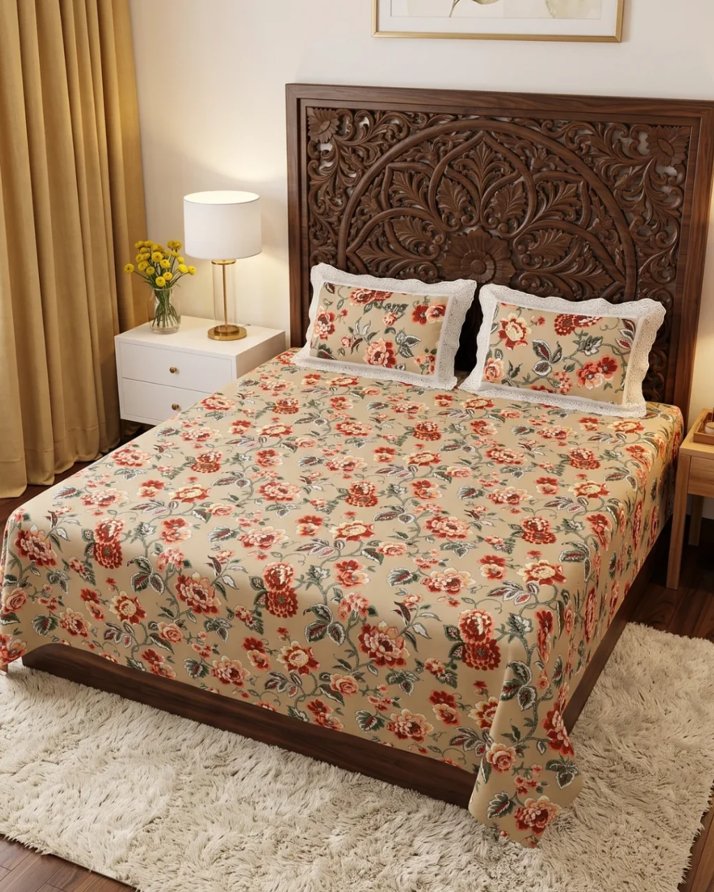 Autumn Blossom red floral bedsheet king size in beige with rust blooms on a carved wooden bed