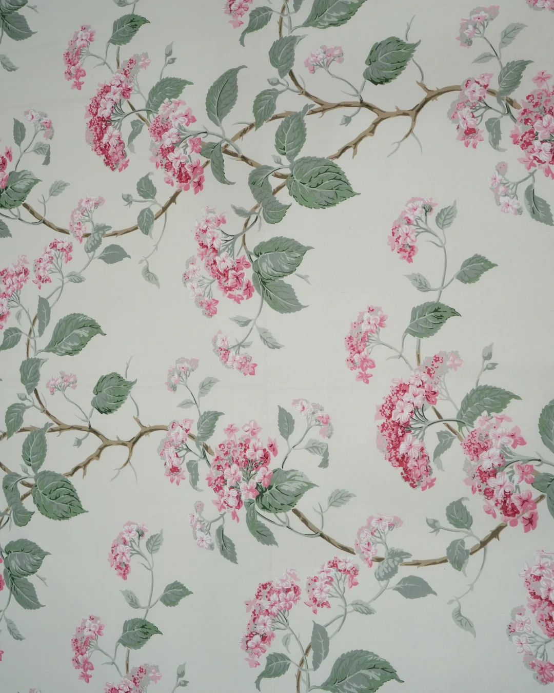 Blush Hydrangea Pink Floral Bedsheet King Size with 2 Lace Pillow Covers 2 Close-up of pink floral bedsheet king size with hydrangea clusters and sage leaves on off-white cotton