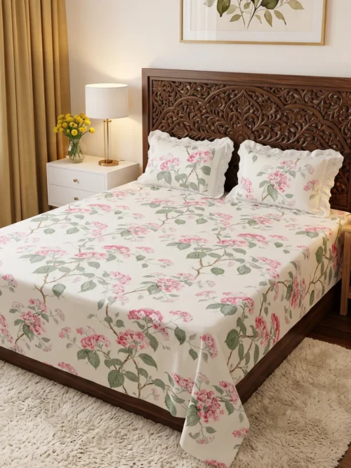 Blush Hydrangea pink floral bedsheet king size in off-white on a carved wooden bed