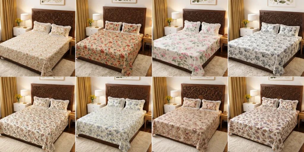 Best Cotton Bedsheets Under Rs 2000 in India (King Size Buying Guide 2026) 2 Cotton bedsheets under Rs 2000 featuring king size Anokhi print floral designs with 100% cotton fabric and two lace pillow covers by Vardhman Mills.