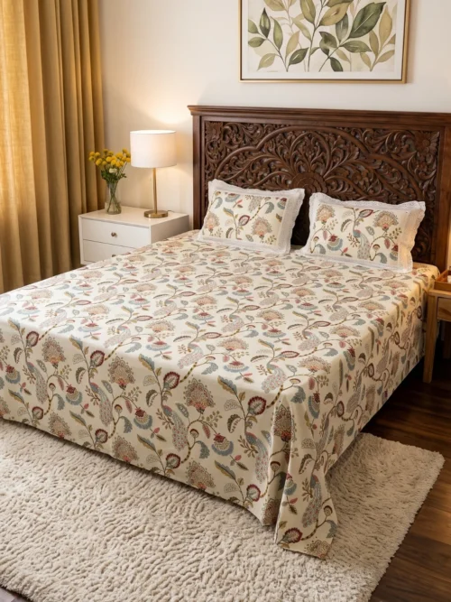 Peacock Vine anokhi bedsheet in king size with floral print on a wooden bed