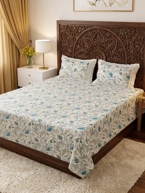 Teal Blossom anokhi print bedsheet in king size with turquoise floral print on a wooden bed
