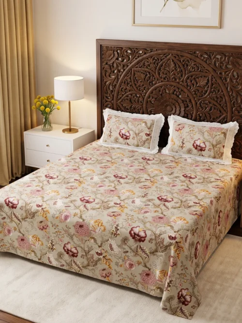 Vintage Garden floral print bedsheet king size in sage green with rose blooms on a wooden bed
